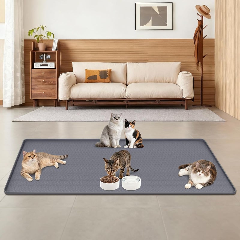 Lanstics حصيرة طعام القطط، 51" × 26" حصيرة طعام سيليكون كبيرة مع حافة مرتفعة، حصيرة تغذية غير قابلة للانزلاق للحيوانات الأليفة لوعاء الطعام والماء، سهلة التنظيف، حماية الأرضيات (رمادي) - Image 4